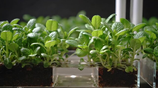 Pulling back camera revealing leafy green seedlings with water droplets on tray, to show reservoir