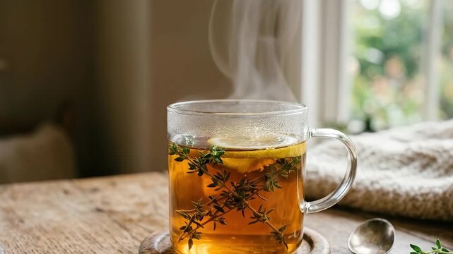 A steaming glass mug of lemon thyme tea, rising vapor, translucent amber liquid and fresh herbs in soft natural light, cozy soothing atmosphere, ultra-realistic, no logos.