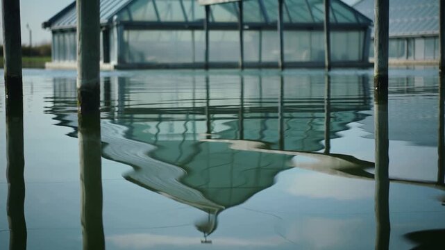 Rippling glasshouse reflection and posts wobbling across pond after small ripple forming