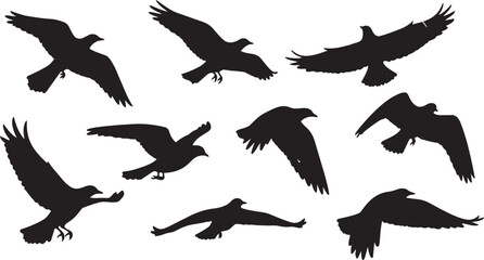 Obraz premium Flying birds flock silhouettes grunge brush hand drawn marker vector illustration isolated