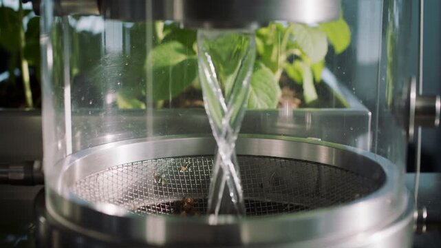 Forming chamber water column from top inlet creating crossing vortex on bench moving grains on mesh