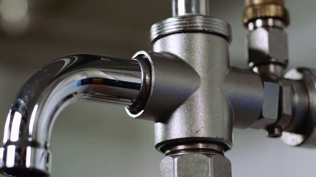Moving camera revealing chrome spout and collar on tiled wall valve, showing brass fitting