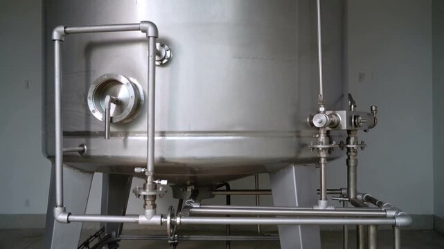 Recording camera capturing stainless steel holding tank and piping in clean room for inspection