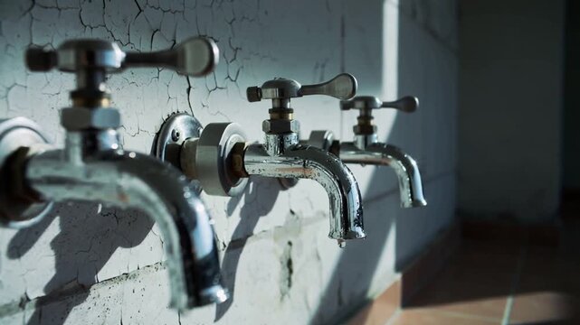 Panning camera showing chrome faucets with cross handles in wash area, droplets, cracked wall