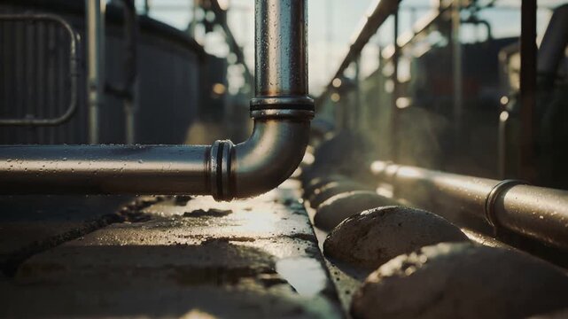Moving camera forward centering stainless steel L-shaped pipe at plant walkway, showing weld rings