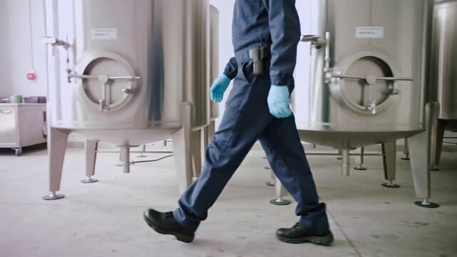 Walking tech in blue suit and gloves inspecting plant floor on rounds, showing steel tanks, holster