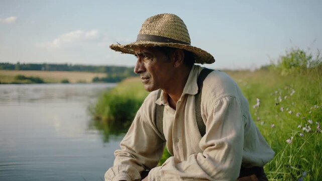Camera zooming, farmer turning head and dipping hand in river watching crops, straw hat, copy space
