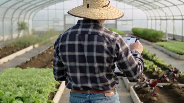 Holding clipboard, walking man wearing straw hat inspecting greenhouse beds and recording crop data