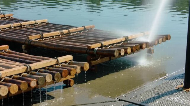 Wooden log rafts bobbing at ramp while high-pressure nozzle spraying from right, creating runoff