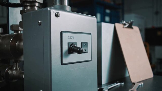 Following clipboard checklist, gloved operator hand rotating control toggle at bench, wrench nearby