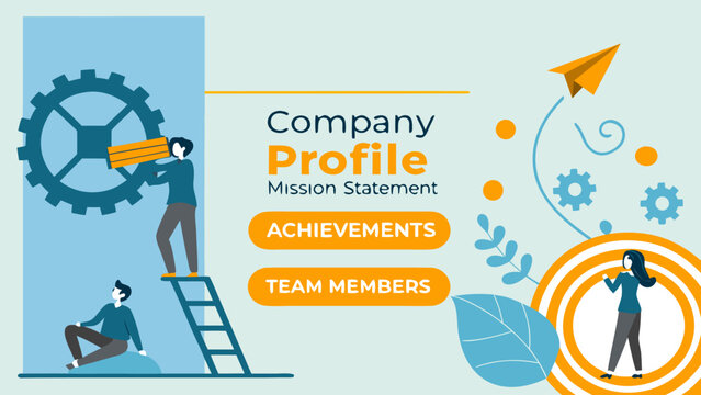 Corporate banner design featuring a team working together to build a mission statement. Concept for branding, mission values, and business development goals.
