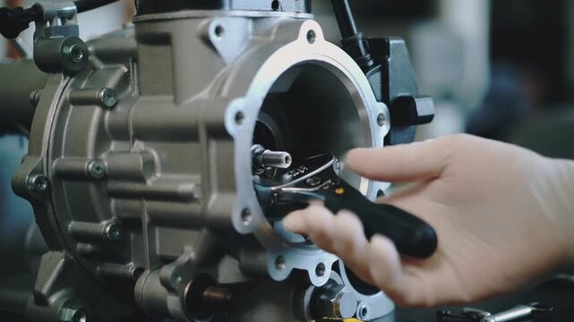 Inserting gloved hand using screwdriver and pliers on bench placing clip on gearbox for repair