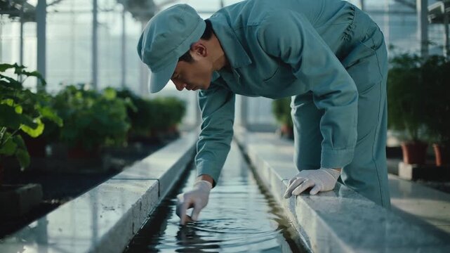 Leaning nursery tech in bluecapped uniform probing water channel, testing gloved hand by plant beds