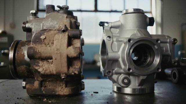 Shifting window light showing corroded case beside new case on bench, dirt flakes for comparison