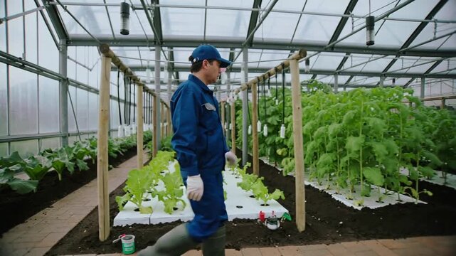 Opening door worker blue coverall entering greenhouse walking brick path checking crops, copy space