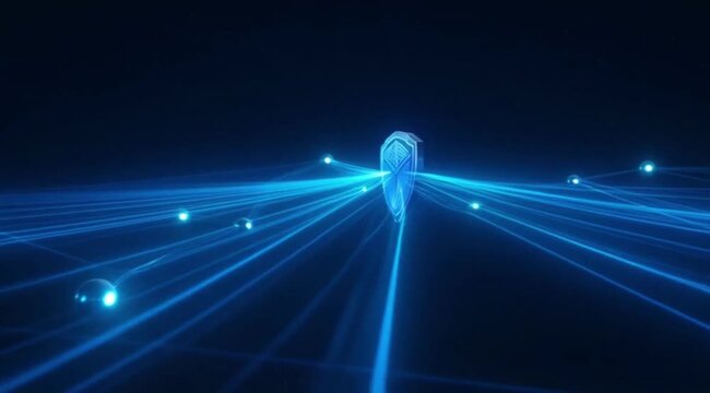 Digital shield icon emerging from a glowing network of interconnected data nodes in a futuristic cyberspace environment with high tech blue light motion graphics