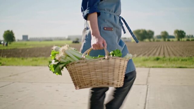 Exiting farm stand, vendor in denim apron carrying wicker basket of greens toward fields