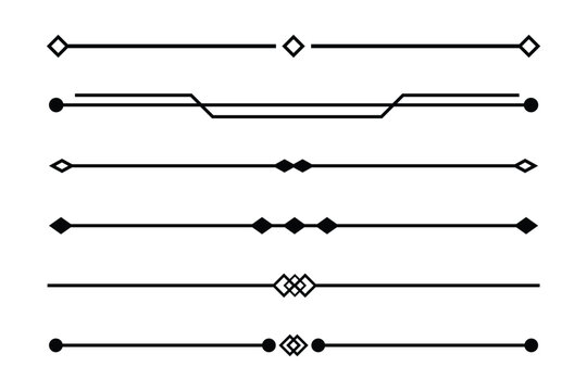 Minimal decorative horizontal divider lines set. Geometric diamond shape line separators. Modern ornamental section divider elements. Clean graphic border line collection