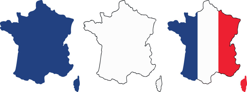 Set of France Map Vector Illustrations Featuring Blue Silhouette, Black Outline, and French Tricolor Flag Map Designs for Travel, Education, Geography, and Graphic Design Projects.