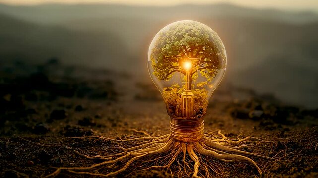 Light bulb with glowing tree roots embedded in soil under warm sunlight showing natural growth, energy concept, and environmental sustainability theme
