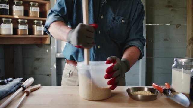 Stirring gloved man in straw hat after scooping metal bowl, mixing paste in container at workbench