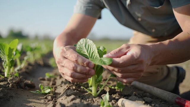 Reaching kneeling man gray-shirt tending seedling in field, checking leaves near trowel for health