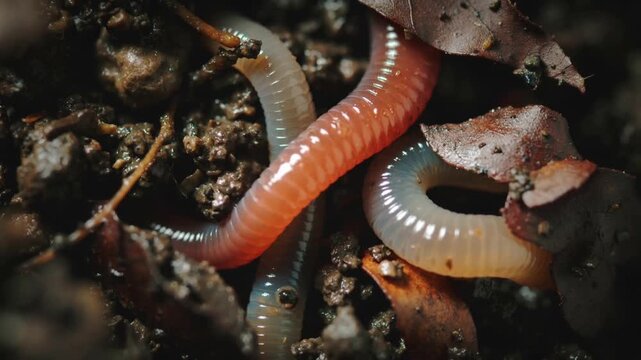 Shifting three worms pink translucent bluish across forest-floor leaf litter, wet soil nudging