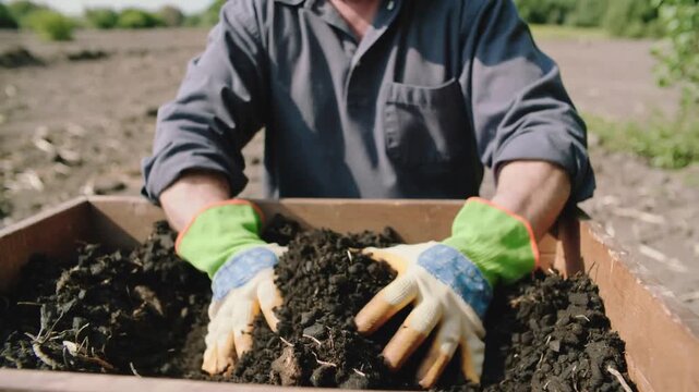Camera focusing, gardener hands in gloves sifting and leveling soil in raised box for planting