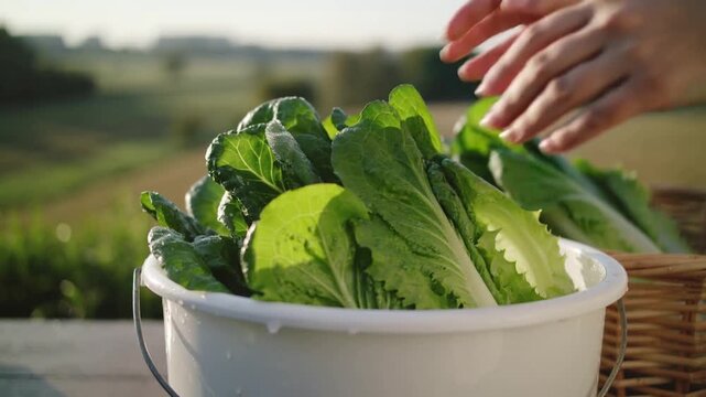 Lifting romaine from wicker-basket, bare arm packing greens into white basin at farm table to fit
