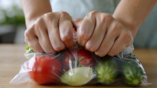 Sealing hands pressing seam on kitchen counter after opening bag storing tomato cucumber in zip bag