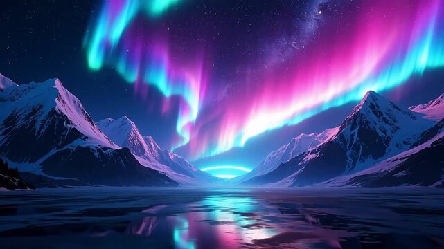 Vibrant purple and blue aurora over snowy mountains