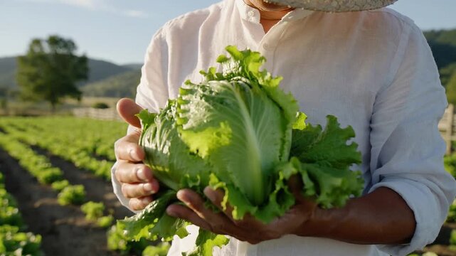 Inspecting farmer in straw hat and rolled sleeves holding fresh lettuce in field, checking firmness