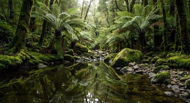 Misty Swamp Forest with Large Trees and Dense Vegetation
