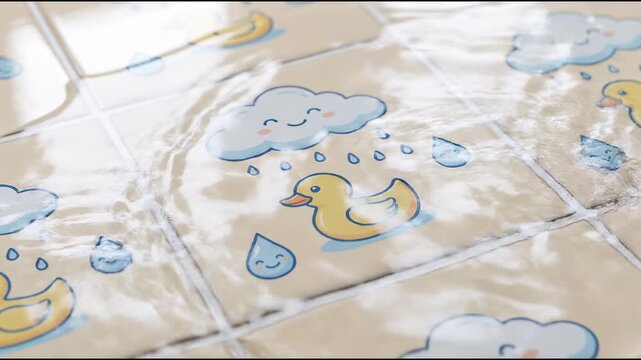 Water pouring over cute illustrated bathroom ceramic tiles