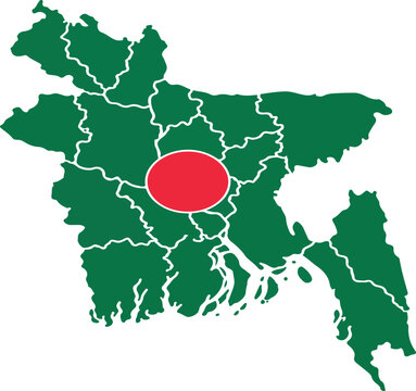 Detailed Vector Map of Bangladesh featuring National Flag Colors Green and Red with Administrative District Divisions for Geography Education, Travel Planning, and Graphic Design Projects.