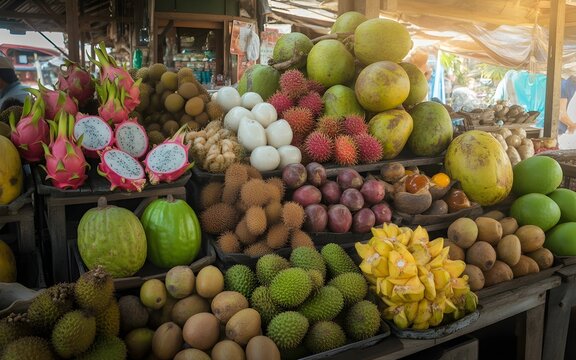 Dragon fruit, passion fruit, guava, lychee, rambutan, mangosteen, durian, jackfruit, longan, sapodilla, soursop, breadfruit, starfruit, tamarind, acerola, langsat, salak (snake fruit), marang