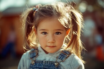 Fototapeta premium Child in denim overalls 1990s retro style