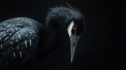 Fototapeta premium Black Crane Portrait Against Dark Background