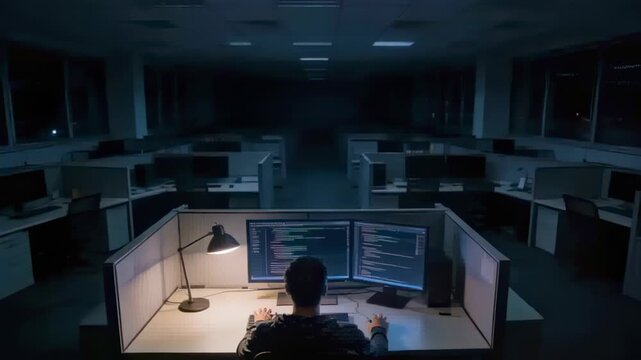 Typing developer in dark hoodie meeting deadline at night office cubicle, with dual monitors