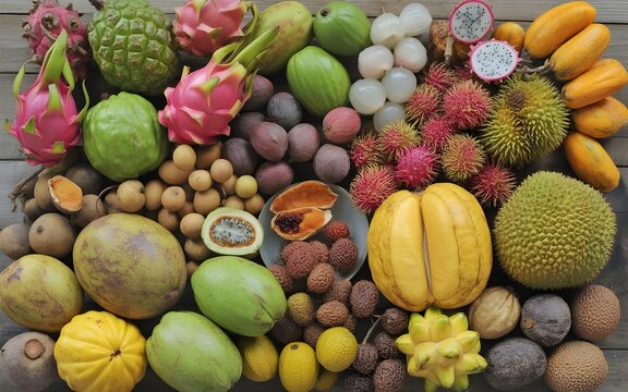 Dragon fruit, passion fruit, guava, lychee, rambutan, mangosteen, durian, jackfruit, longan, sapodilla, soursop, breadfruit, starfruit, tamarind, acerola, langsat, salak (snake fruit), marang