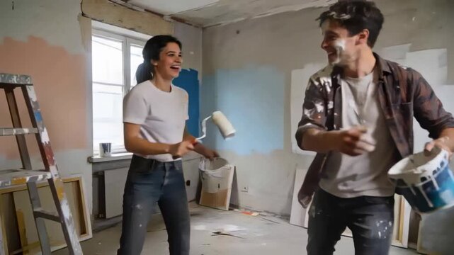 Swinging roller, woman in white shirt, man in plaid splashing paint while renovating, with buckets