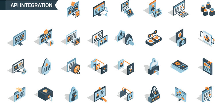 API integration isometric workflow connectivity automation monitoring dashboard infrastructure management endpoint synchronization editable vector icon collection pack