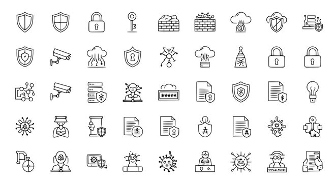 Cyber Security Icons: Protection, Data, Network, Lock, Shield, Virus