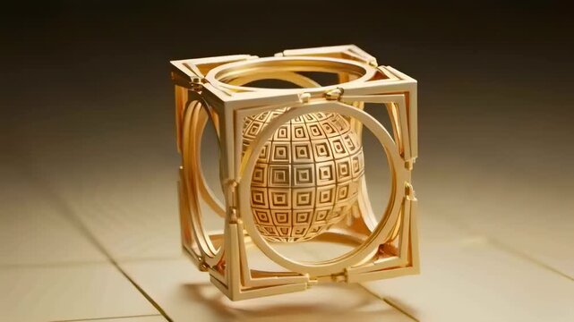 Rotating metallic cube with cutouts revealing patterned sphere on tiles for product display