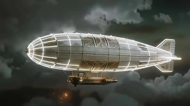 Cruising lit rigid airship gliding through night sky after moon rising, showing ribs and gondola