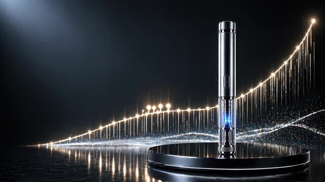 Luxury auto injector pen on podium with rising graph lights, GLP 1 growth trend and healthcare investment concept, animation.