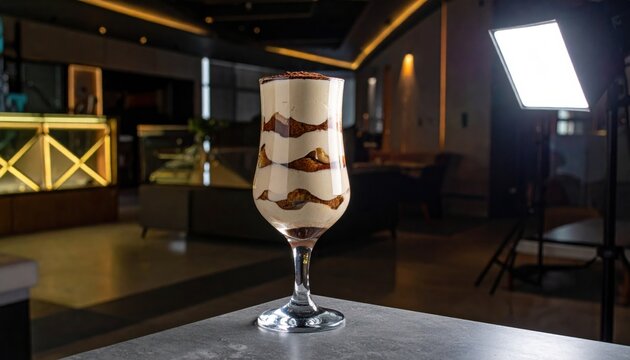 A modern deconstructed tiramisu served in an elegant glass with visible creamy layers and dusting of dark chocolate at a fine dining restaurant table.