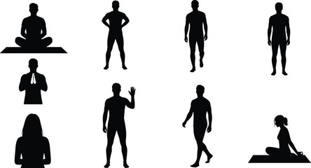 Human silhouettes set featuring meditation standing walking greeting and casual poses isolated on white background © SHOJEB
