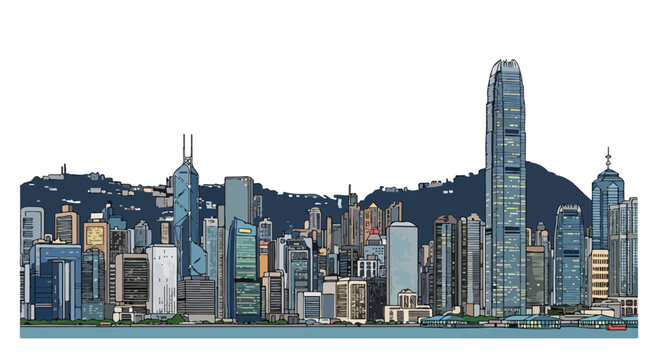 Illustration of a Hong Kong city skyline with skyscrapers and a mountain range in the background, depicted in a colorful and stylized urban landscape.