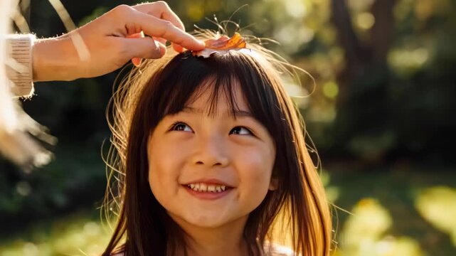 Reacting child opening eyes, smiling while adult hand playfully placing orange leaf on head in park